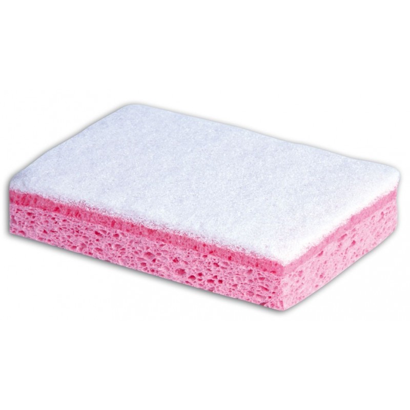 panier rose avec éponges de lavage, brosses et agent de nettoyage